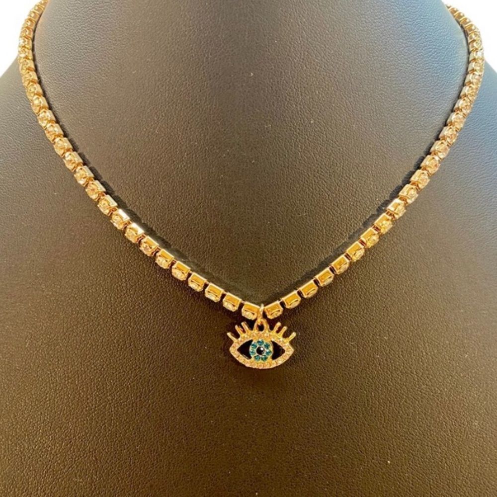 Small Evil Eye Charm Necklace in Shiny Gold & Rhinestone. NWOT